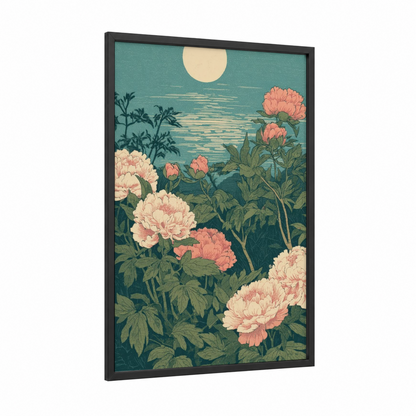 Moonlit Peonies framed peony print — black wood frame — teal and cream palette