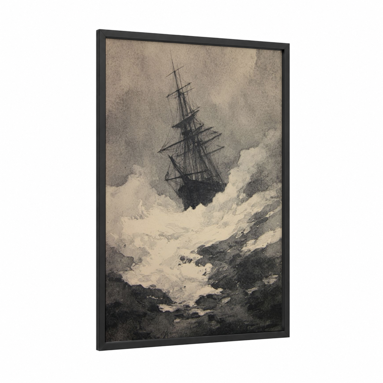 Icebound Sailing Ship framed art print — black wood frame — black and white and gray palette