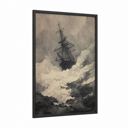 Icebound Sailing Ship framed art print — black wood frame — black and white and gray palette