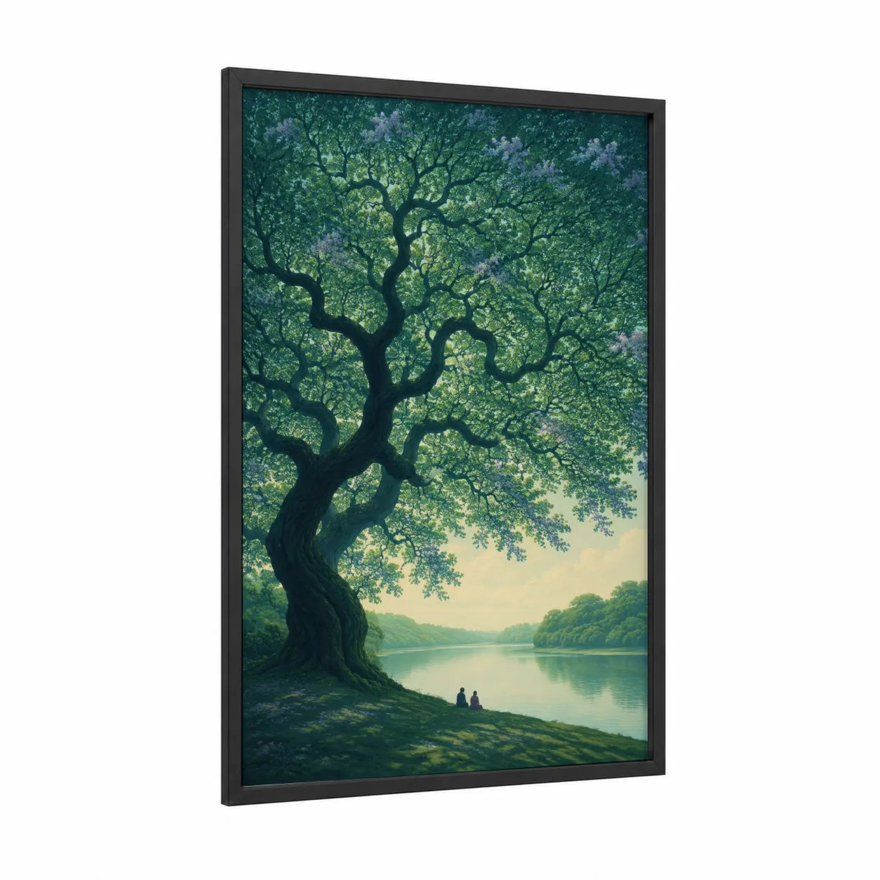 Tranquil Lakeside Tree Romance Wall Art framed art print — black wood frame — true green and teal palette
