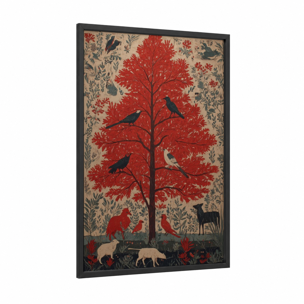 Crimson Cedar Tree framed art print — black wood frame — red and cream palette