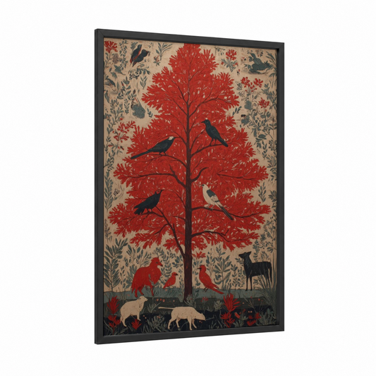 Crimson Cedar Tree framed art print — black wood frame — red and cream palette