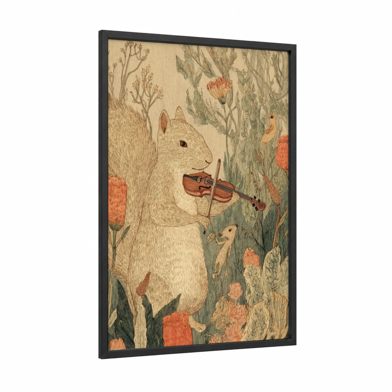 Musical Squirrel framed art print — black wood frame — cream and russet palette