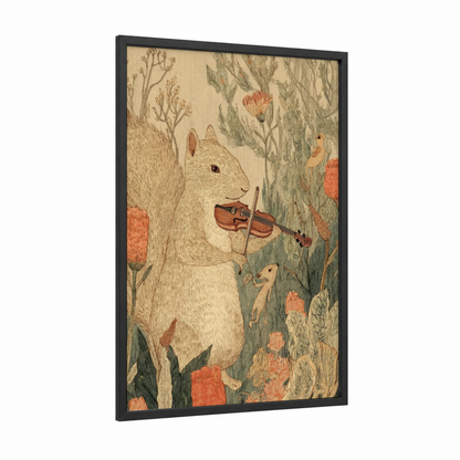 Musical Squirrel framed art print — black wood frame — cream and russet palette