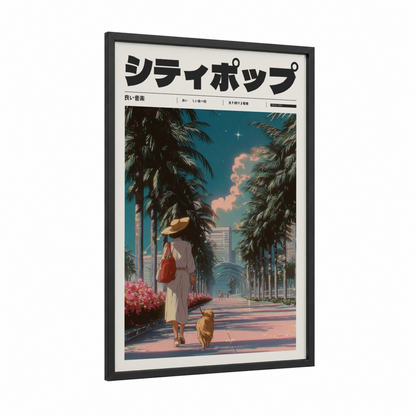 Tropical Anime Stroll framed anime and manga print — black wood frame — teal and salmon pink palette