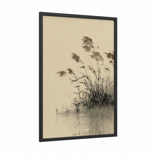 Misty Reeds framed art print — black wood frame — gray and white and cream palette