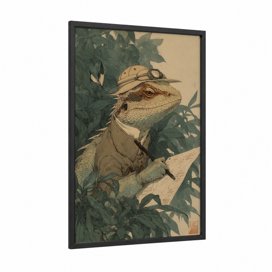 Adventurer Lizard framed art print — black wood frame — sage green and beige palette