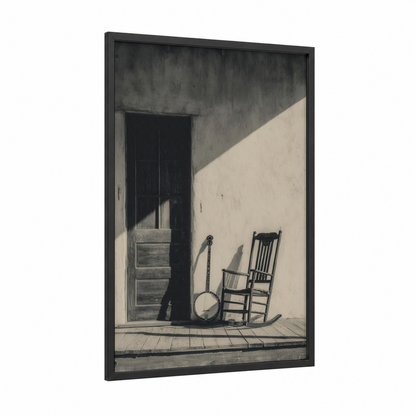Banjo Porch framed country print — black wood frame — black and white and gray palette