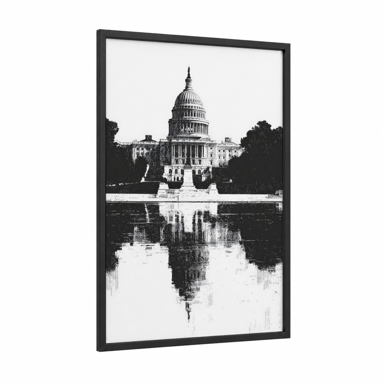 Capitol Reflection framed us capitol print — black wood frame — black and white palette