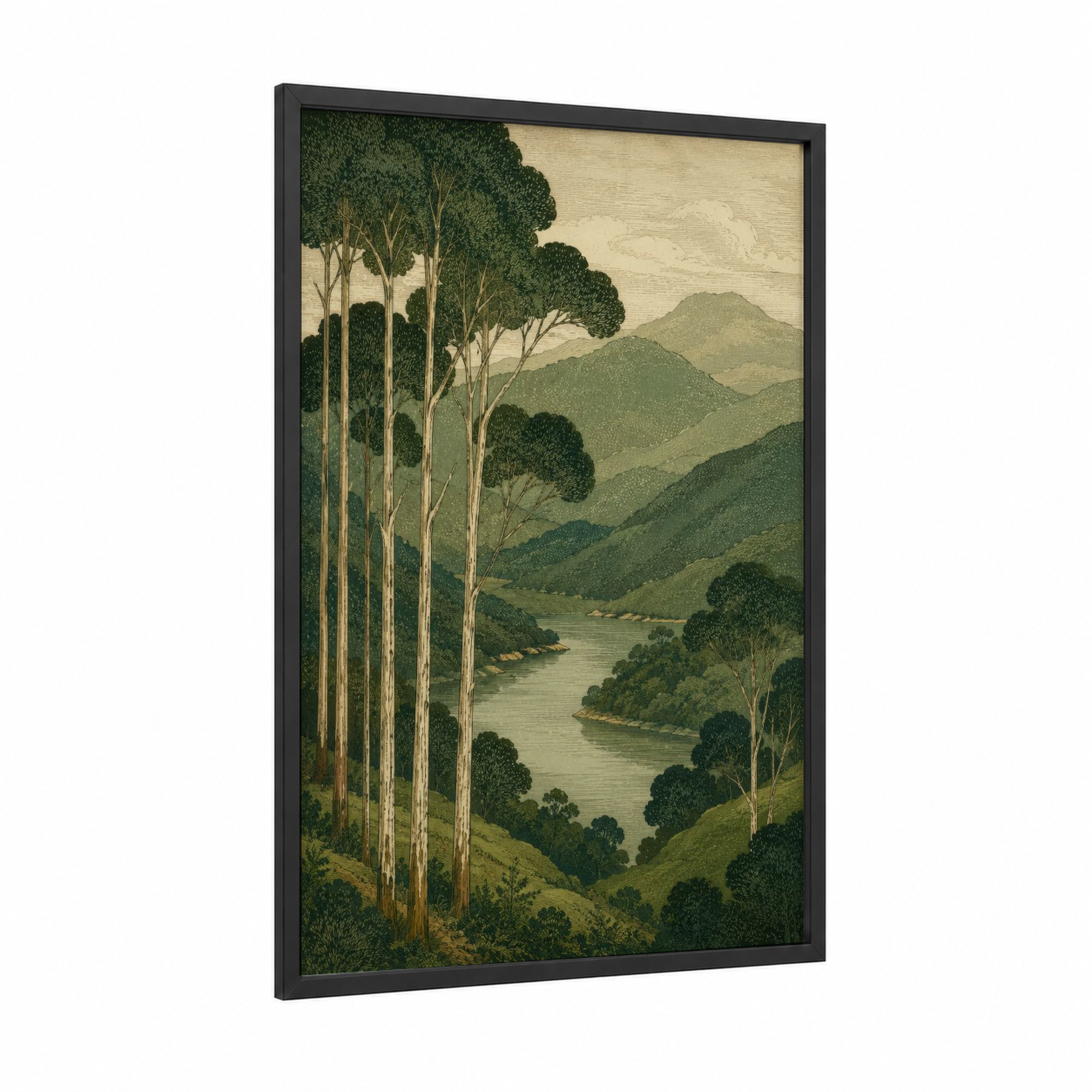 Eucalyptus Forest River Valley Wall Art framed art print — black wood frame — olive and beige palette