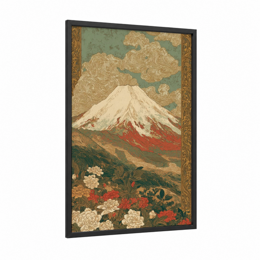 Snowy Mount Fuji framed art print — black wood frame — cream and dark green palette