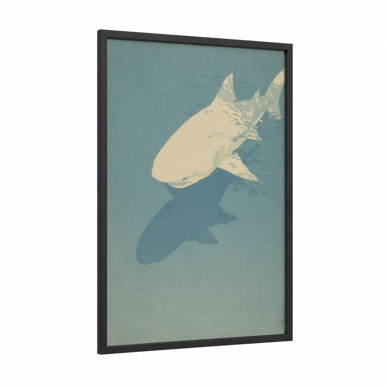 Ethereal Sand Tiger framed sand tiger shark print — black wood frame — blue and white and sage green palette