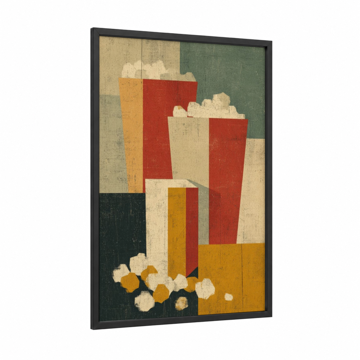 Retro Popcorn Stack framed art print — black wood frame — red and gold palette