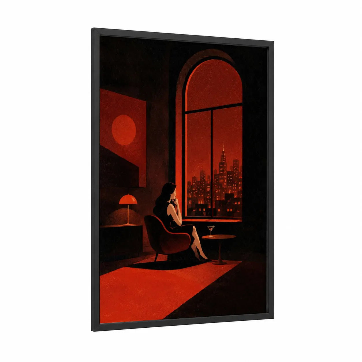 Evening Skyline Silhouette Wall Art framed skyscraper print — black wood frame — red and black palette