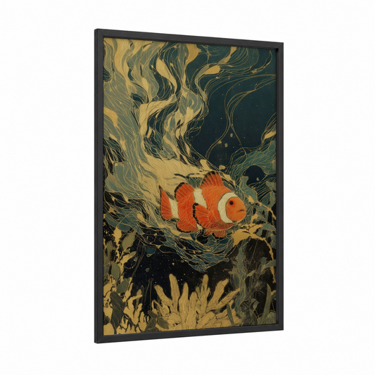 Coral Clownfish framed clown fish print — black wood frame — gold and dark blue palette