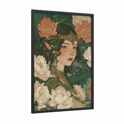 Floral Elf framed art print — black wood frame — dark green and peach palette