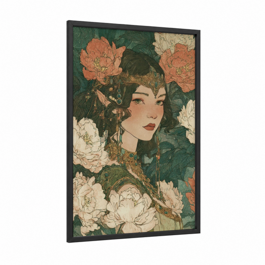 Floral Elf framed art print — black wood frame — dark green and peach palette