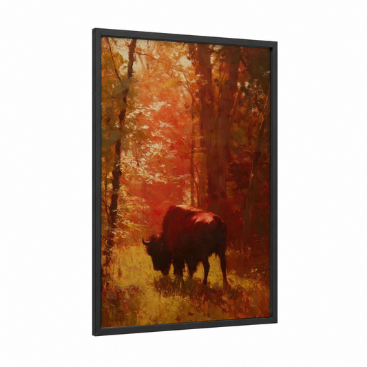 Autumn Bison framed art print — black wood frame — orange and gold palette