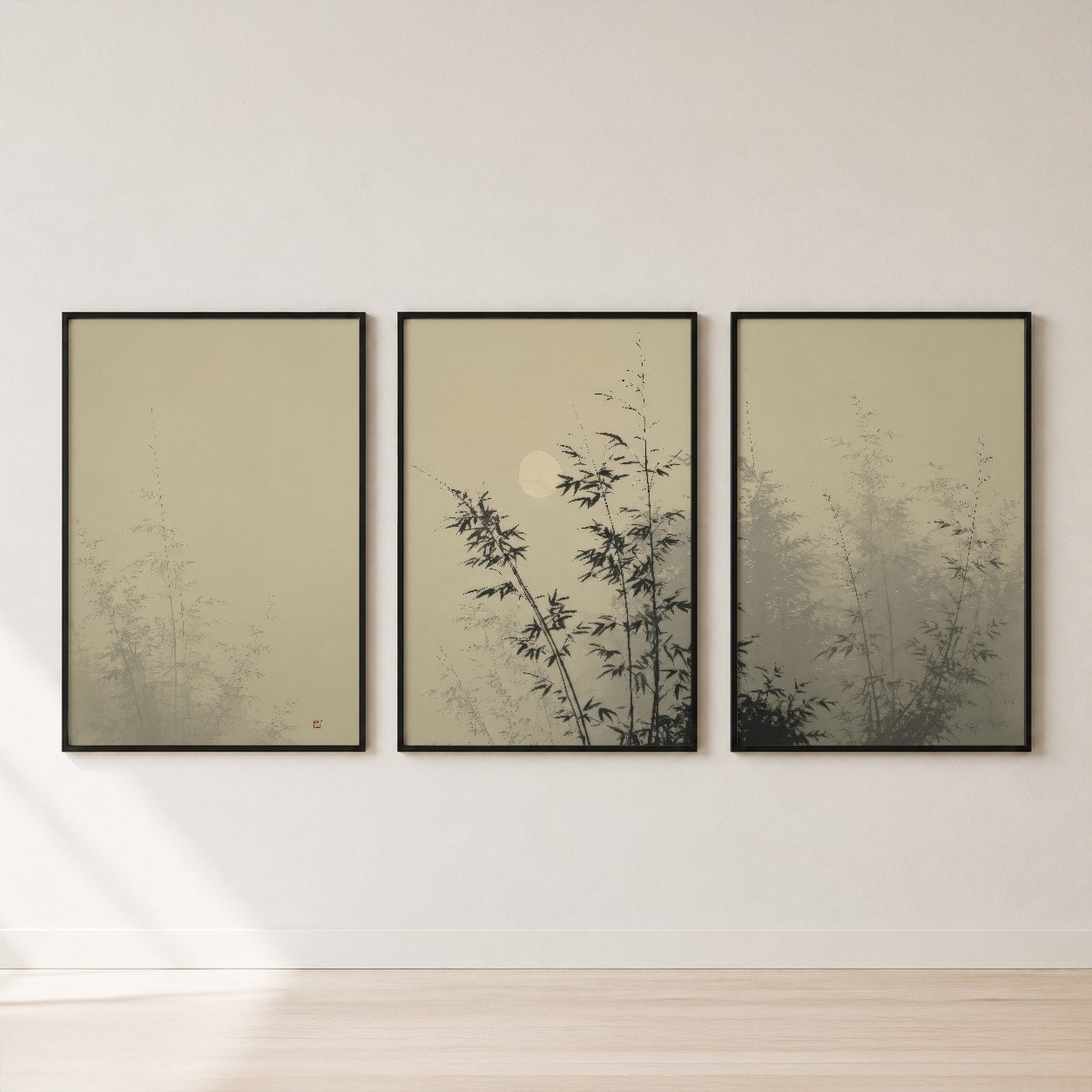 Bamboo Moon Mist Triptych Wall Art Set — set hero