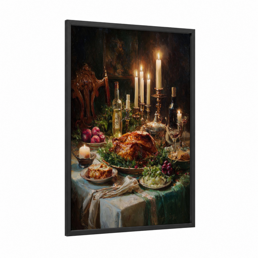 Festive Feast Table framed poultry print — black wood frame — gold and black and gold palette