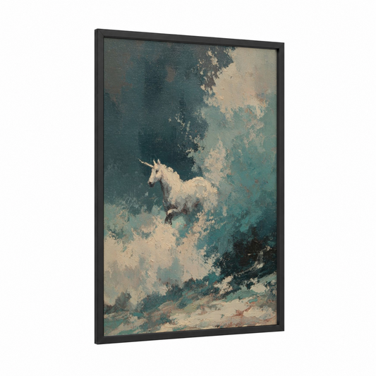 Misty Unicorn framed unicorns print — black wood frame — teal and cream palette