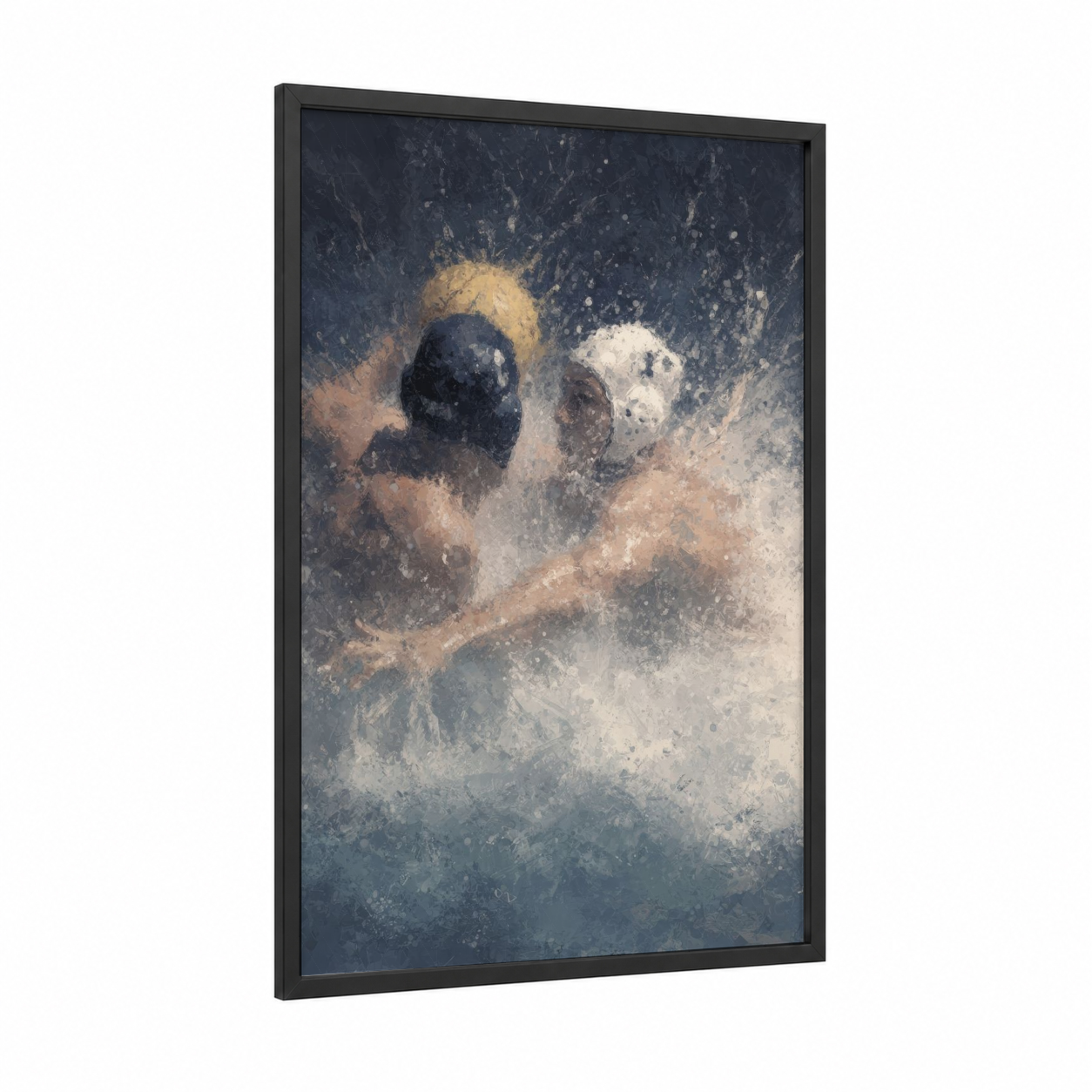 Competitive Water Polo framed art print — black wood frame — gray and white and gold palette