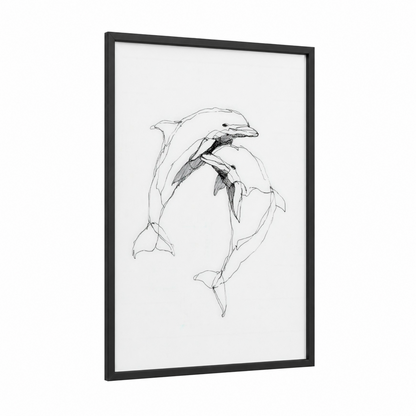 Playful Dolphins framed art print — black wood frame — black and white palette