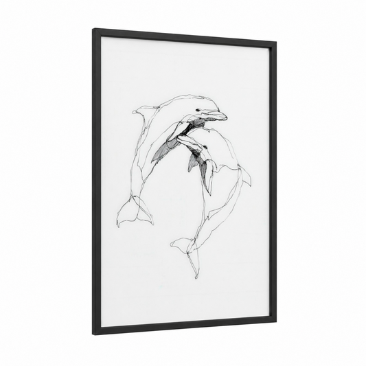 Playful Dolphins framed art print — black wood frame — black and white palette