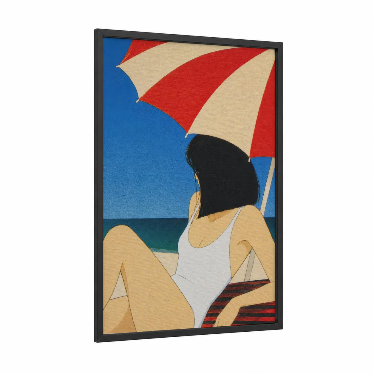 Beach Umbrella Minimalist Summer Wall Art framed sandy beach print — black wood frame — blue and red palette