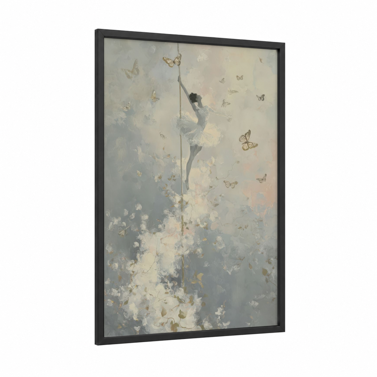 Ethereal Pole Dancer framed pole dancing print — black wood frame — cream and gray and white palette