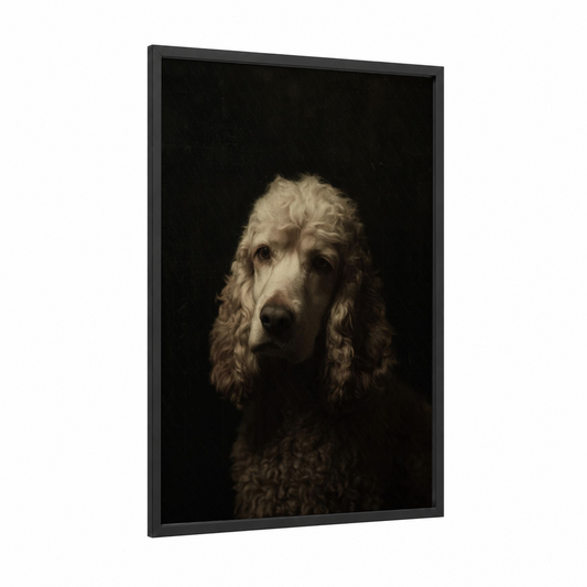 Contemplative Spaniel framed art print — black wood frame — cream and black palette