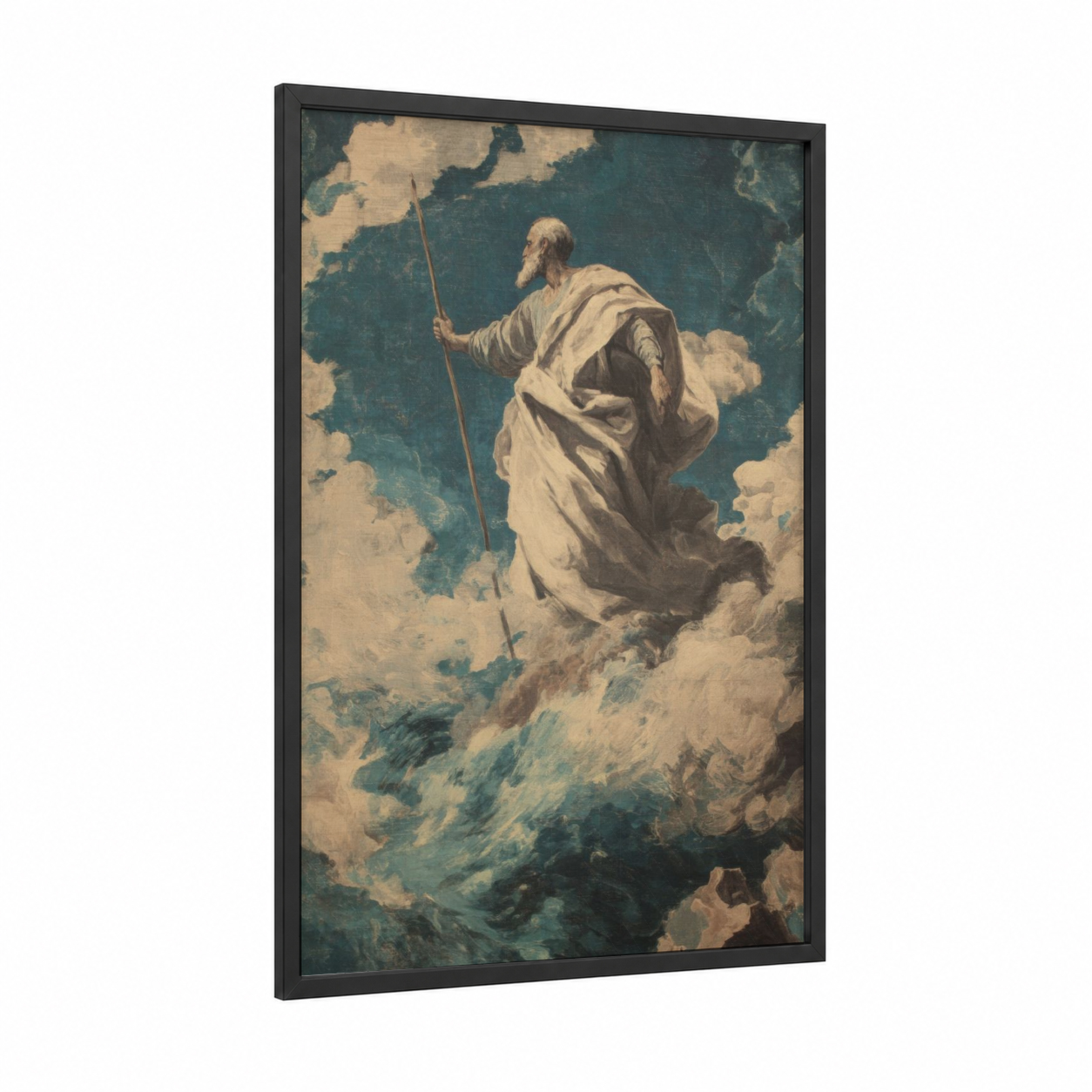 Heavenly Saint Peter framed st. peter print — black wood frame — cream and teal palette