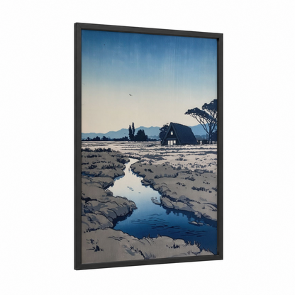 Serene Countryside framed various landscapes print — black wood frame — blue and white and gray palette