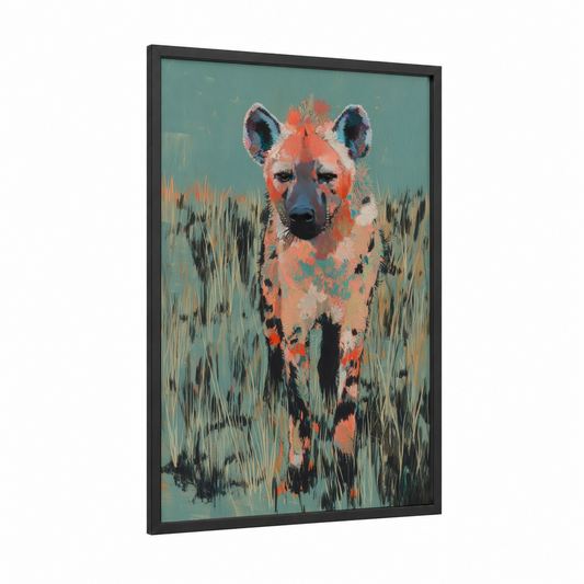 Savanna Hyena framed art print — black wood frame — teal and orange palette