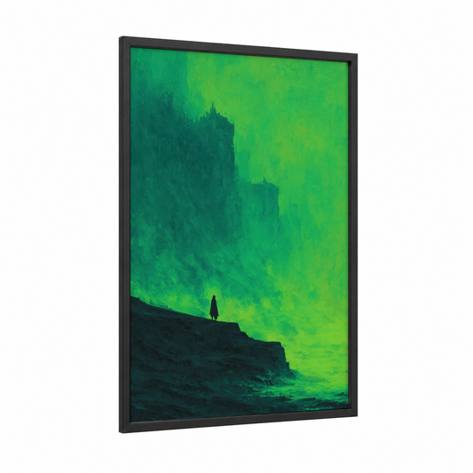 Alien Landscape framed extraterrestrial print — black wood frame — green and black palette