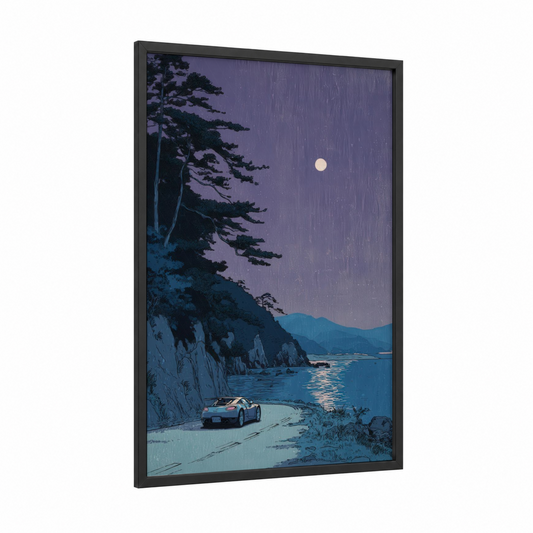 Moonlit Coastal Drive framed sports car print — black wood frame — blue and purple palette