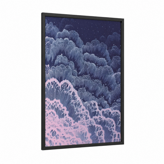Nebula Dreams framed art print — black wood frame — purple and pink palette