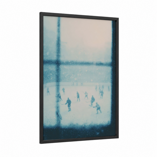 Ice Hockey Game framed art print — black wood frame — blue and white and dove gray palette