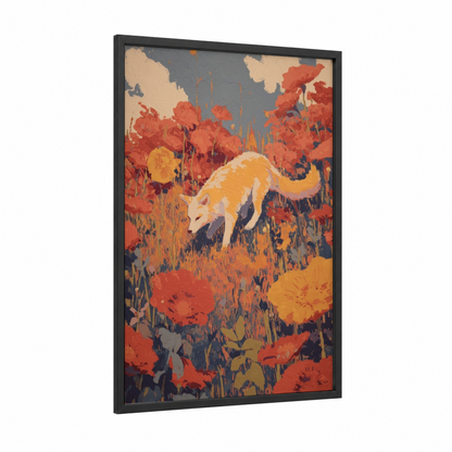 Poppy Wolf framed art print — black wood frame — red and gold palette
