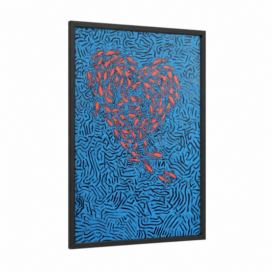 Coral Zebrafish framed art print — black wood frame — blue and orange palette