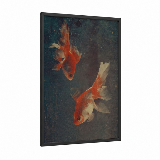 Crimson Goldfish Pair framed art print — black wood frame — red and dark blue palette