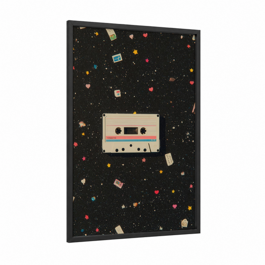 Retro Cassette Collage framed casette print — black wood frame — black and gold palette