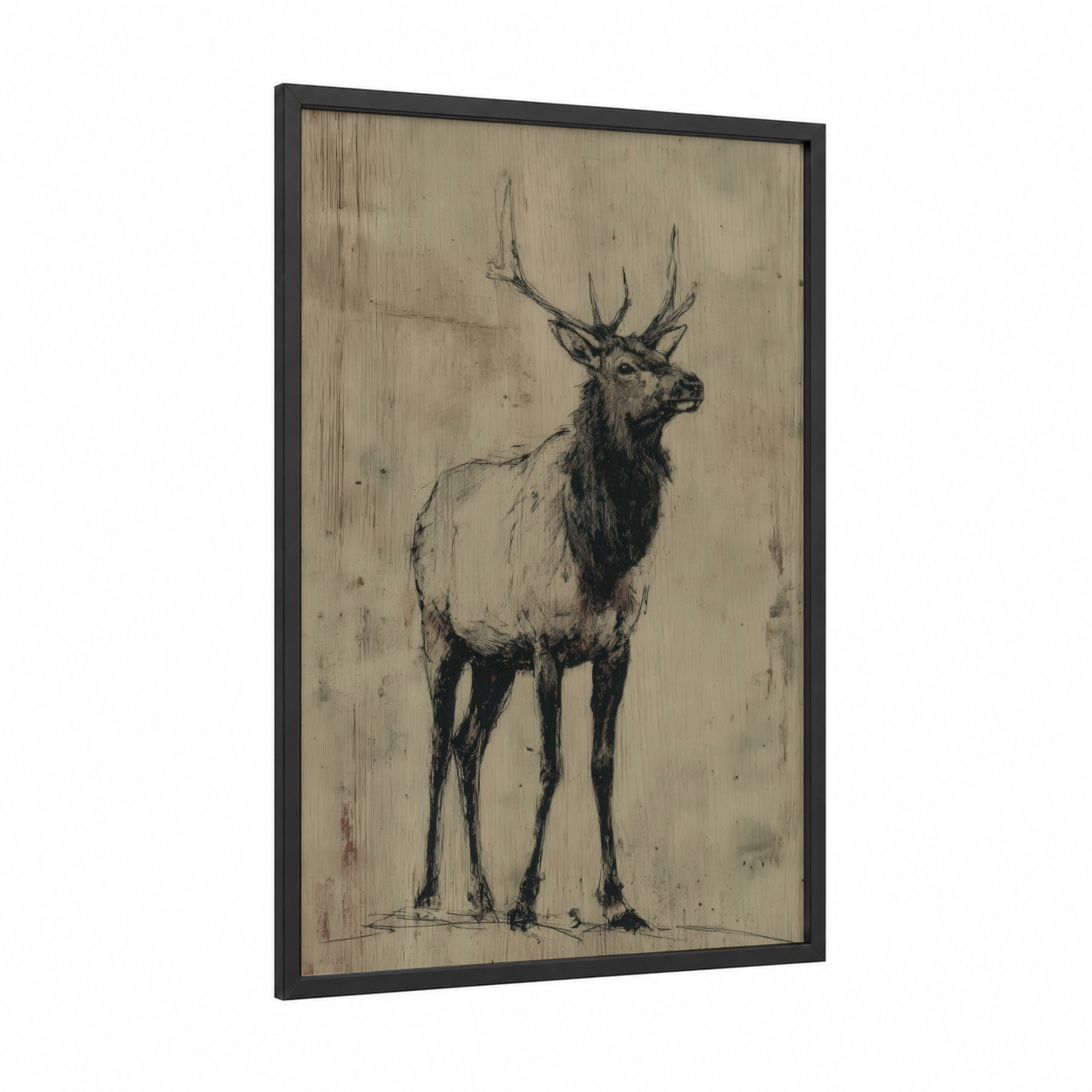 Majestic Elk Portrait framed art print — black wood frame — black and beige palette