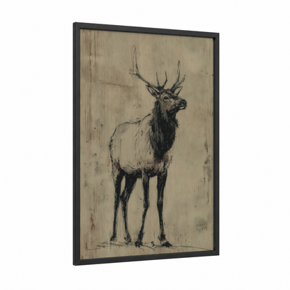 Majestic Elk Portrait framed art print — black wood frame — black and beige palette