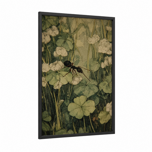 Garden Ant Foraging framed art print — black wood frame — light green and cream palette