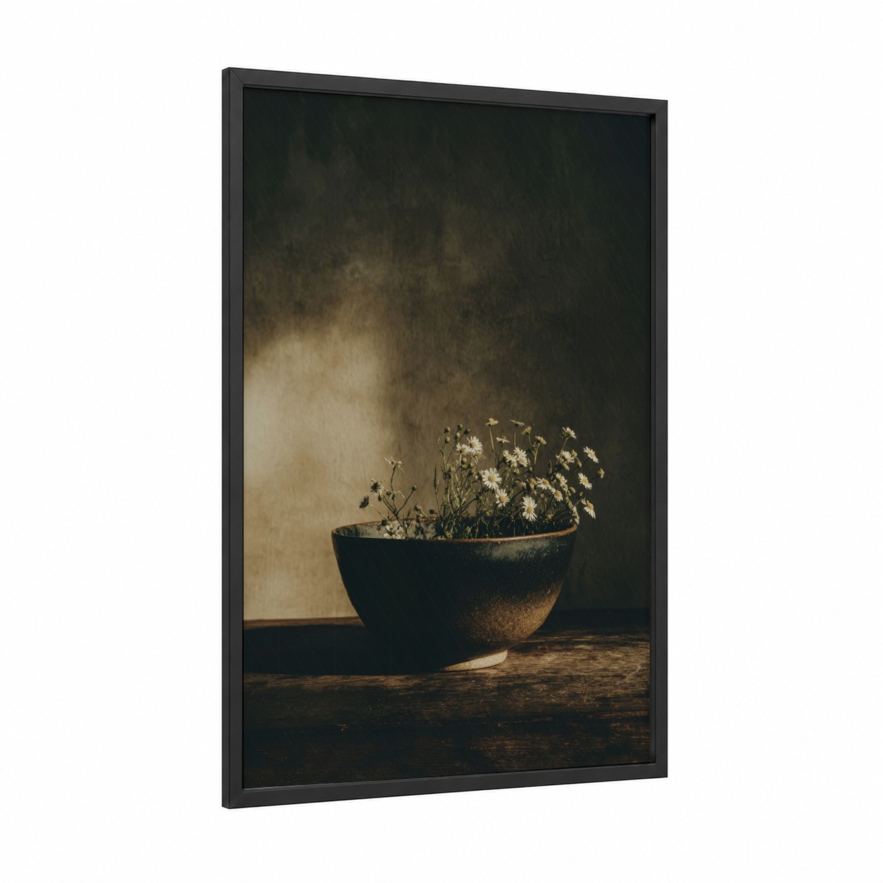 Rustic Daisy Bowl framed pottery print — black wood frame — black and gold palette