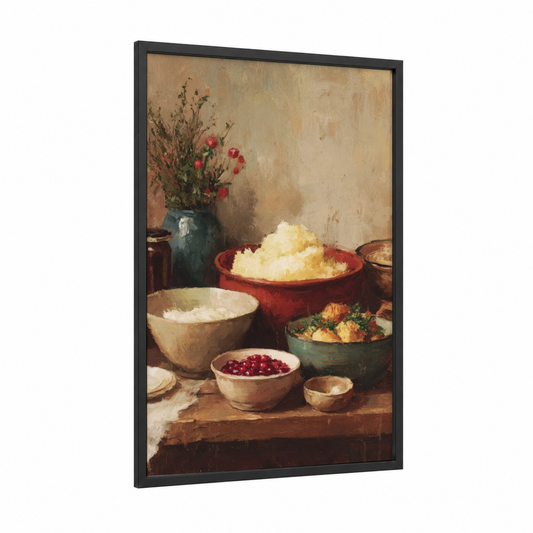 Harvest Table Feast framed thanksgiving print — black wood frame — cream and russet palette