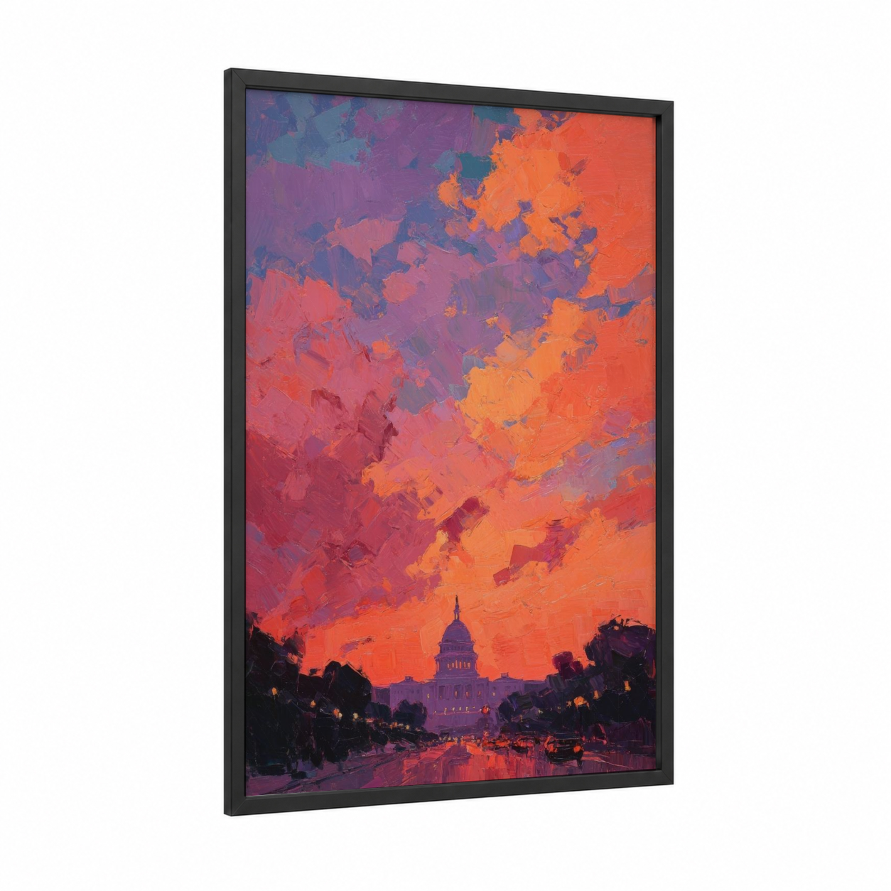 Crimson Capitol framed us capitol print — black wood frame — red and orange palette