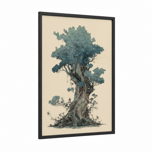 Ancient Cypress framed cypress tree print — black wood frame — sage green and beige palette