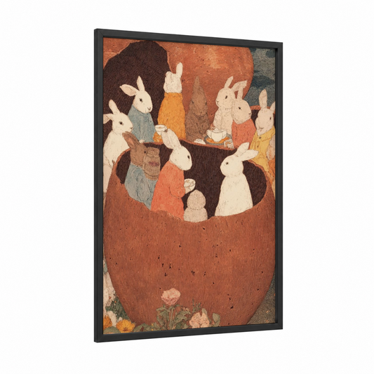 Easter Egg Gathering framed art print — black wood frame — cream palette